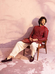 Men's Maroon And Cream Georgette Kurta and Patiala Set