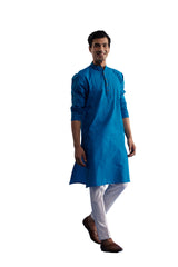 Men's Aqua And White Pure Cotton Kurta Pyjama Set