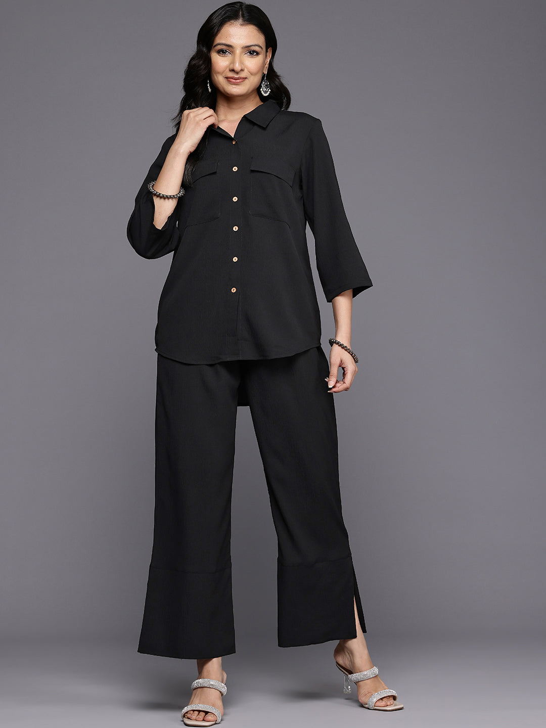 Women Black Crepe Shirt Collar Top And Bottom