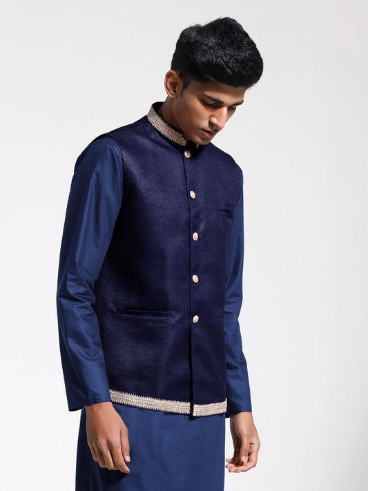 Men's Navy Blue Jute Nehru Jacket