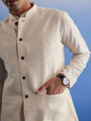 Men's Cream Cotton Jacket, Kurta and Pyjama Set