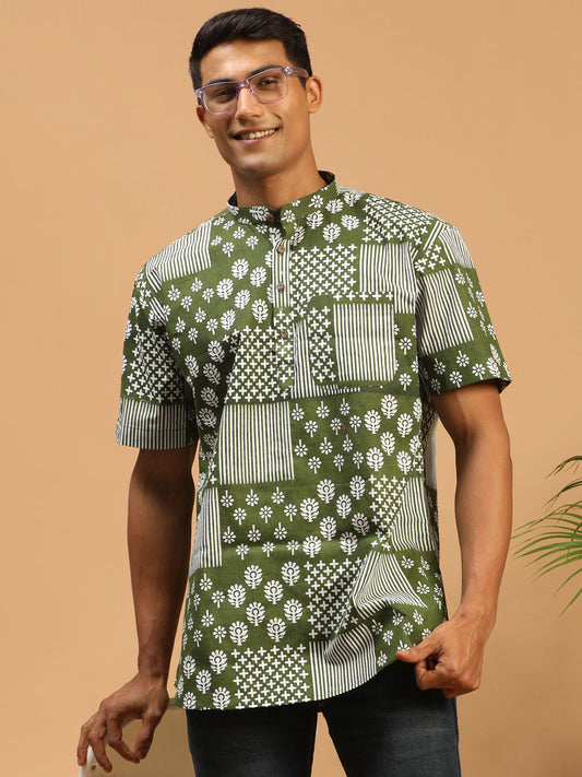 Men's Green Cotton Short Kurta