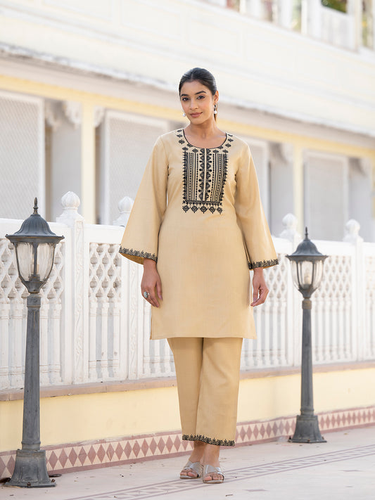 Women Beige Thread Embroidered Co-Ord Set