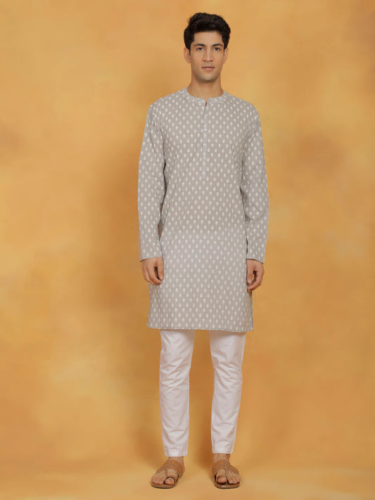 Men's Gray And White Cotton Kurta and Pyjama Set