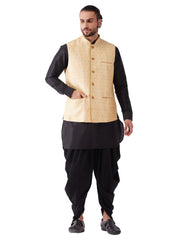 Men's Black And Gold Silk Blend Jacket, Kurta and Dhoti Set