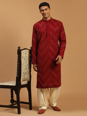 Men's Maroon And Cream Georgette Kurta and Patiala Set