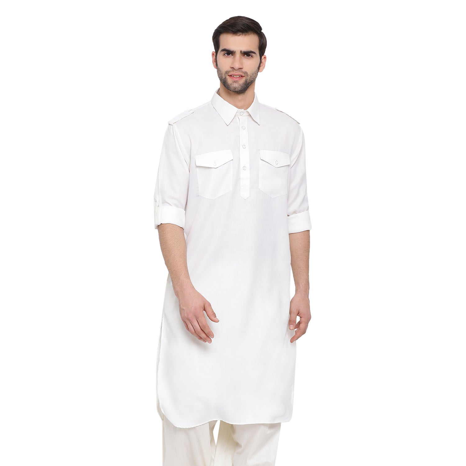 Men's Cream Cotton Blend Pathani Kurta