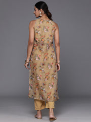 Women Beige Floral Printed V-Neck Sleeveless Straight Kurta Paired With Tonal Bottom