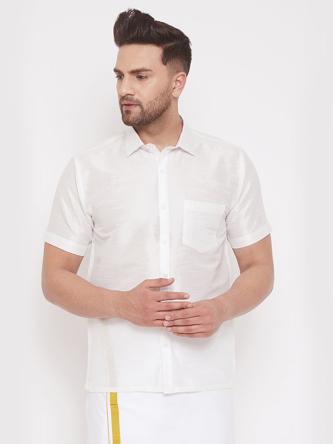 Men's White Silk Blend Ethnic Shirt