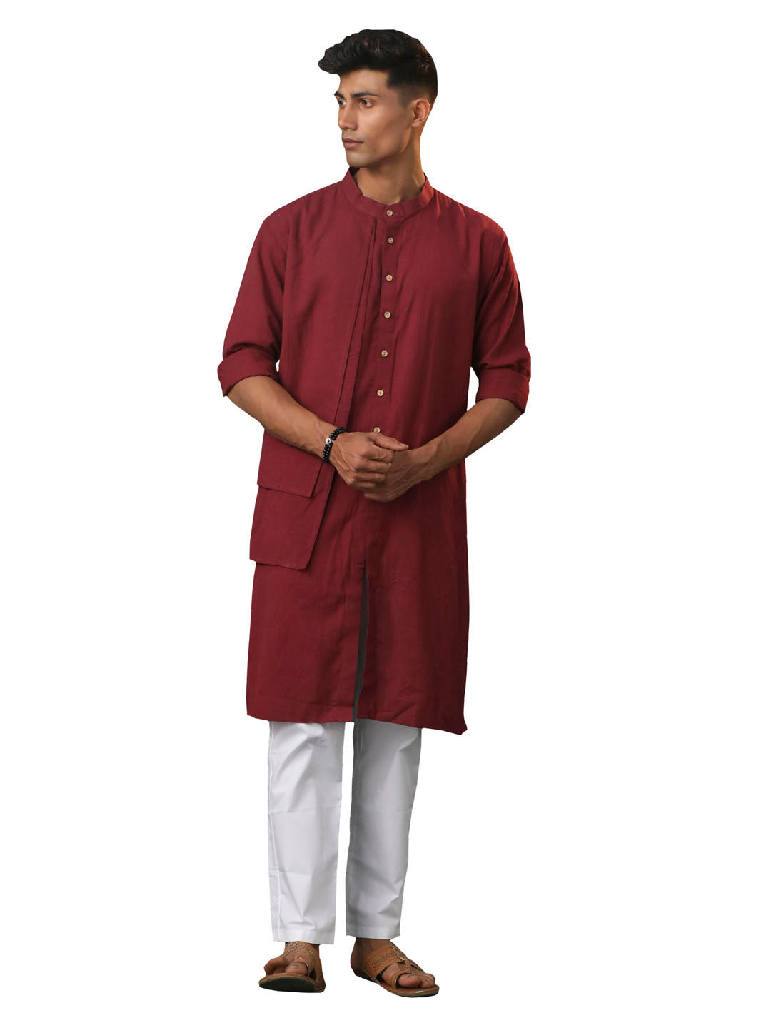 Men's Wine And White Cotton Kurta Pyjama Set