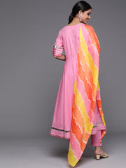 Women Pink Flared Angrakha Kurta Set With Multi Colour Leheriya Dupatta