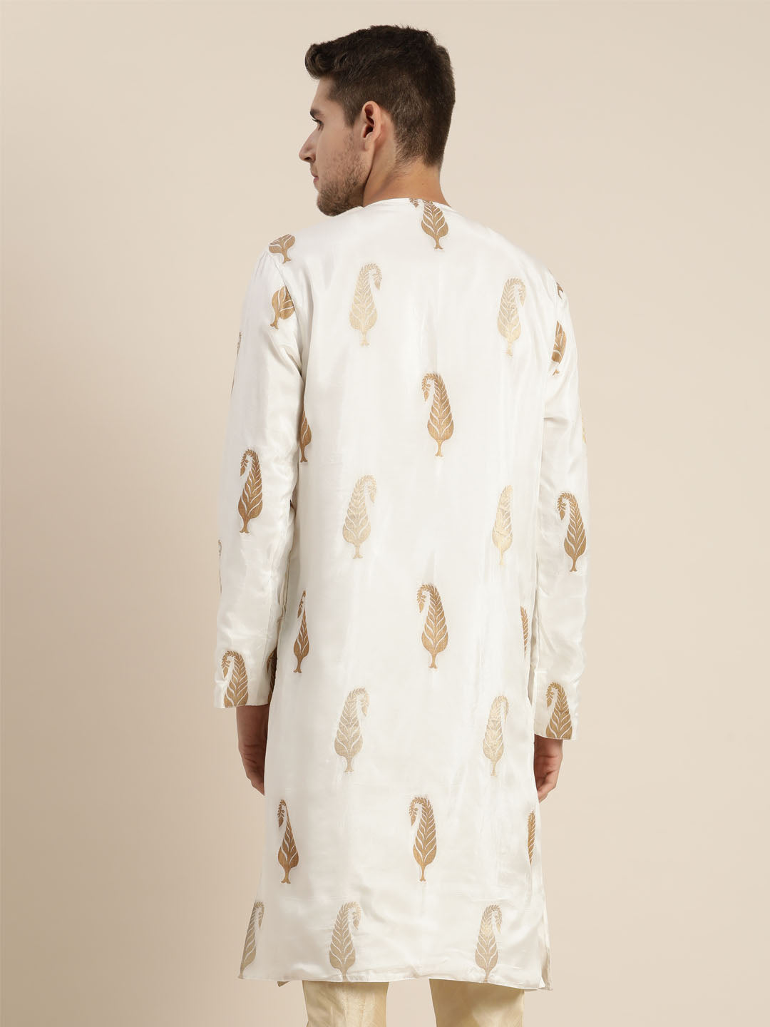 Men's White And Gold Silk Blend Kurta