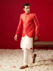 Men's Cream And Red Viscose Jacket, Kurta and Pyjama Set