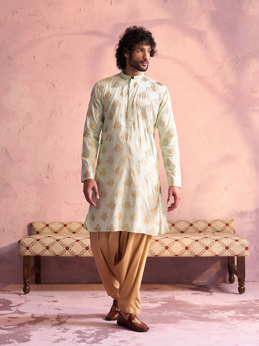 Men's Mint Green And Rose Gold Viscose Kurta and Patiala Set