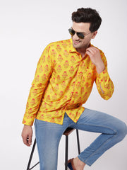 Men's Multicolor-Base-Mustard Muslin Ethnic Shirt