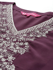 mauve V-neck yoke embroidered straight kurta with fringes hem paired with tonal bottom and tonal dupatta with fringes