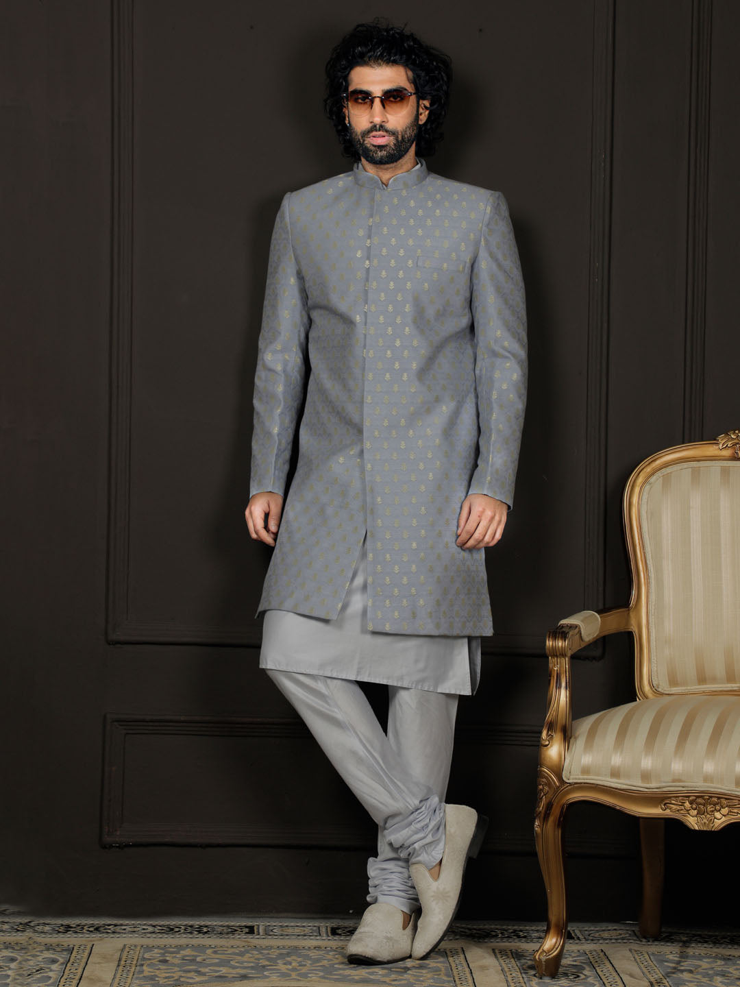 Men's Aqua And Powder Blue Viscose Sherwani Set