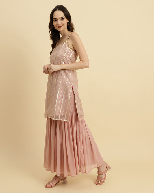 Peach  Strap Style Kurta With Tonal Sharara  And Emroidered Dupatta