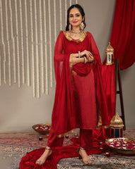 Women Maroon Embroidered Straight Kurta, Round Neck With Side Slits.