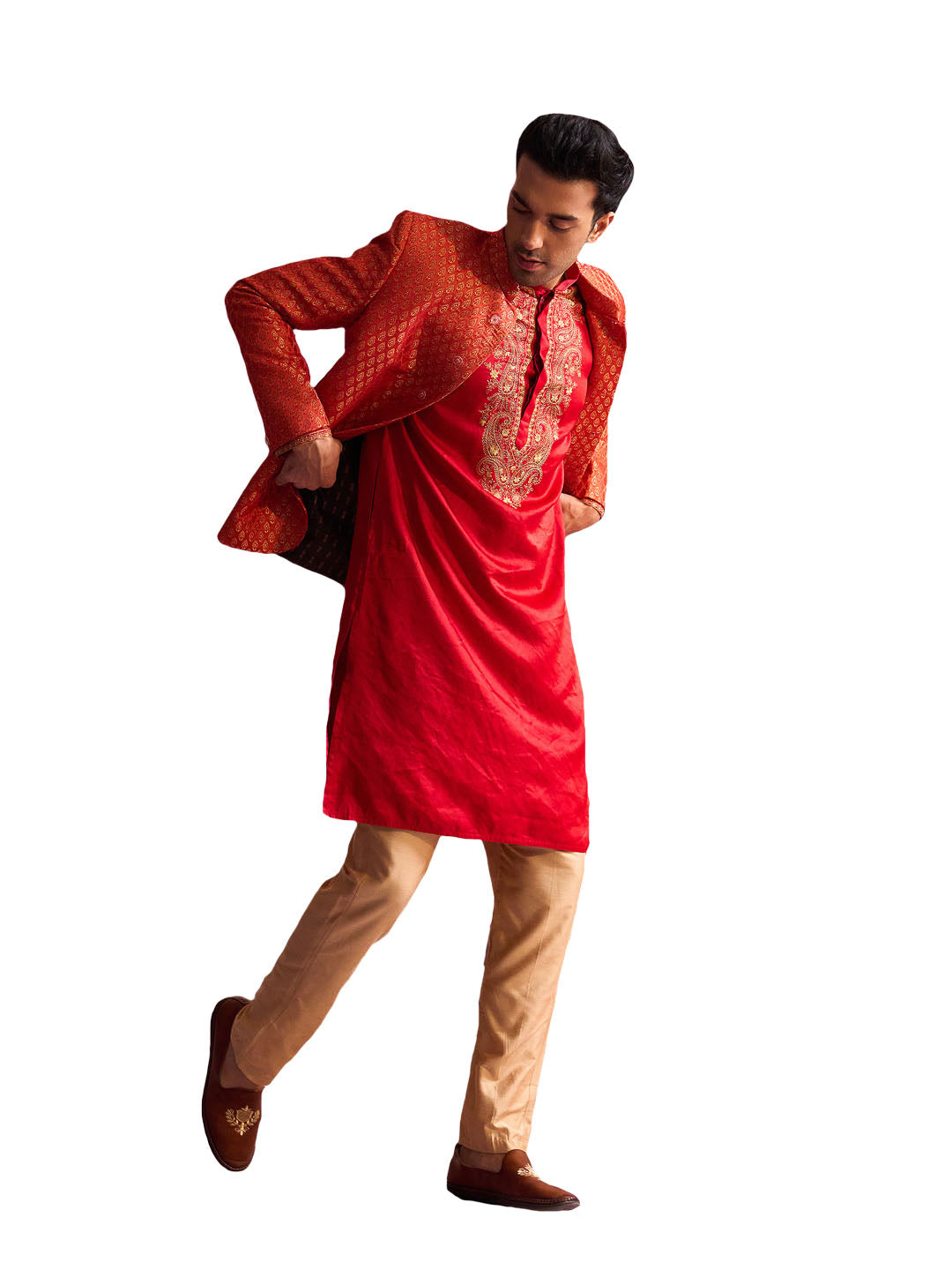 Men's Rose Gold And Red Moonga Silk Jacket, Kurta and Pyjama Set