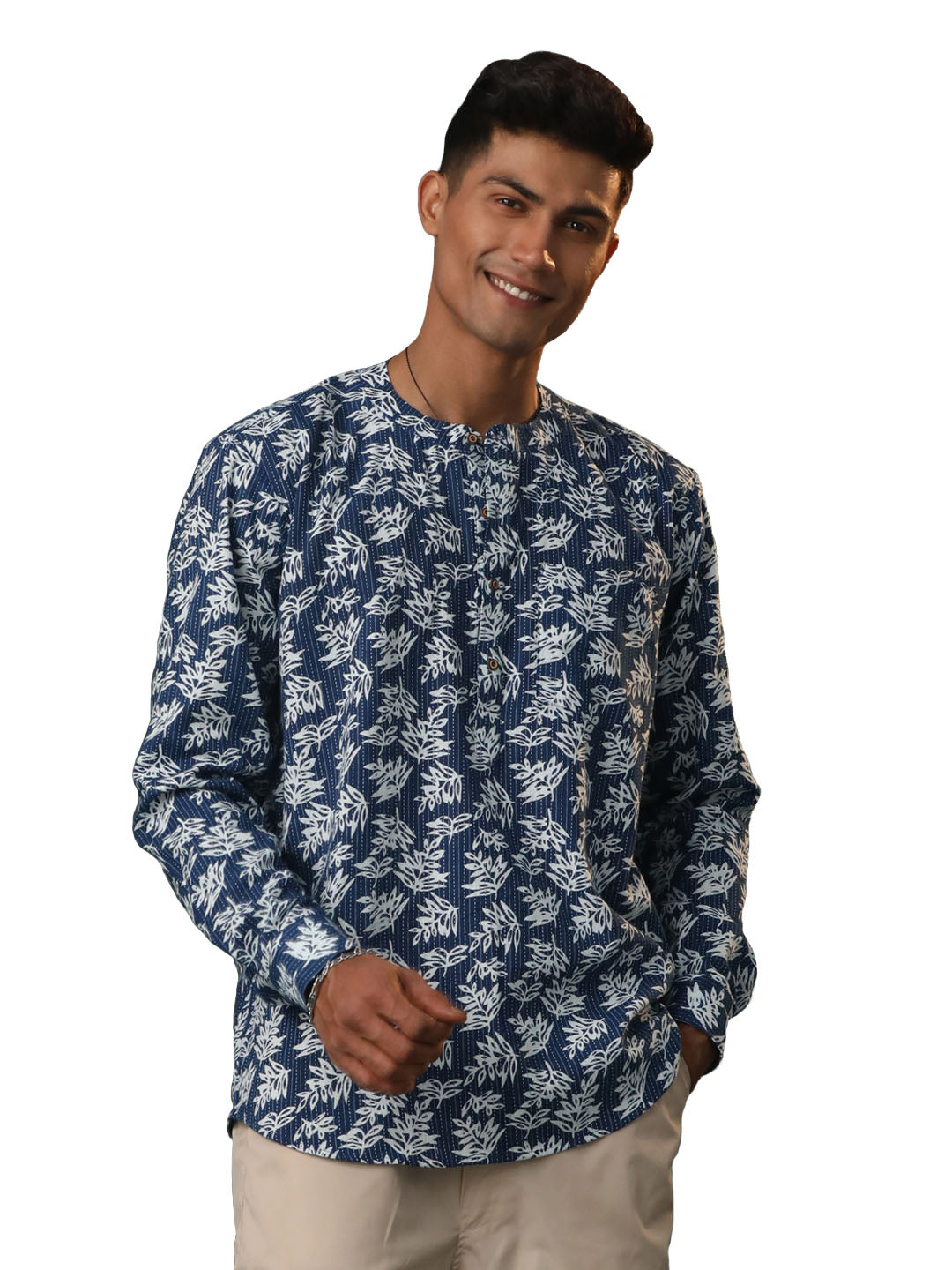 Men's Navy Blue Cotton Short Kurta