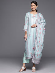 Women Blue Stripe Printed Straight Kurta Paired With Tonal Bottom And Dupatta