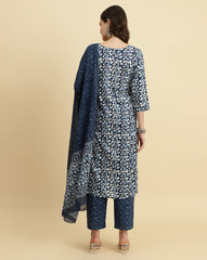 Women Blue And White Cotton Printed Yoke Design Kurta Paired With Printed Dupatta And Trouser