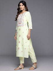 Women Green Thread And Mirror Embroidered Kurta With Tonal Bottom And Dupatta