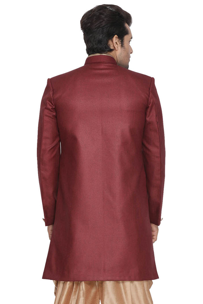 Men's Maroon Polyester Lurex Blend Sherwani Only Top