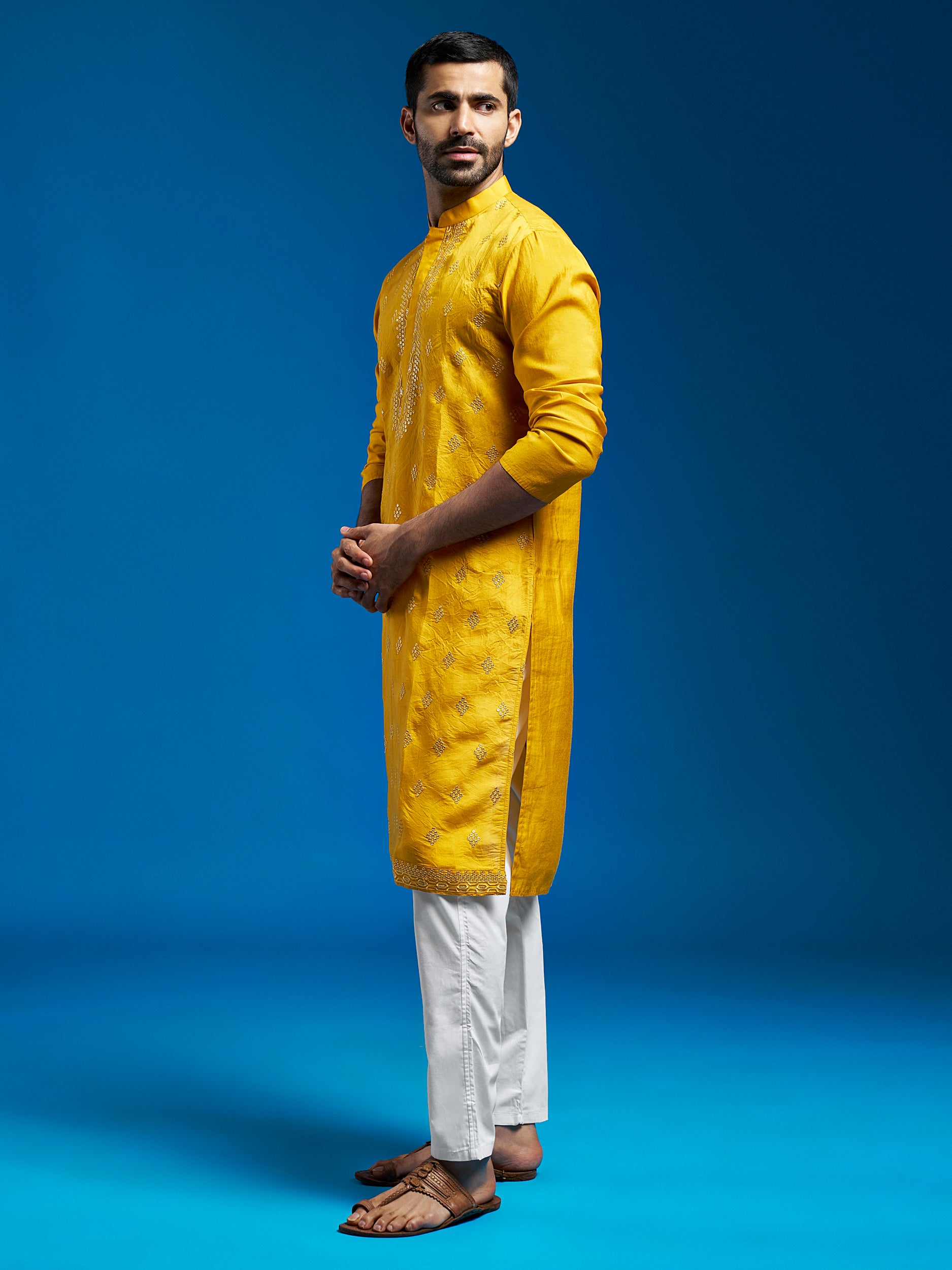 Men's Yellow Chanderi Kurta And Pyjama Set