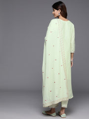 Women Green Thread And Sequins Embroidered Kurta With Tonal Bottom And Dupatta