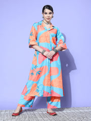 Kalini Women Blue And Rust Abstract Printed Shirt Collar A-Line Kurta Paired With Tonal Bottom