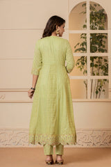 Women Lime Green Mirror And Thread Embroidered,Gotta Embellished Scalloped Schiffli Anarkali Kurta Paired Wirh Printed Bottom And Embroidered Dupatta