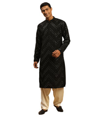 Men's Black And Cream Georgette Kurta and Patiala Set