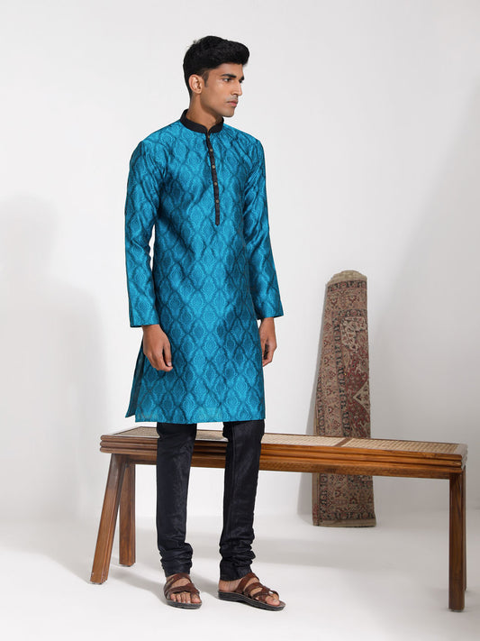 Men's Turquoise And Black Silk Blend Kurta Pyjama Set