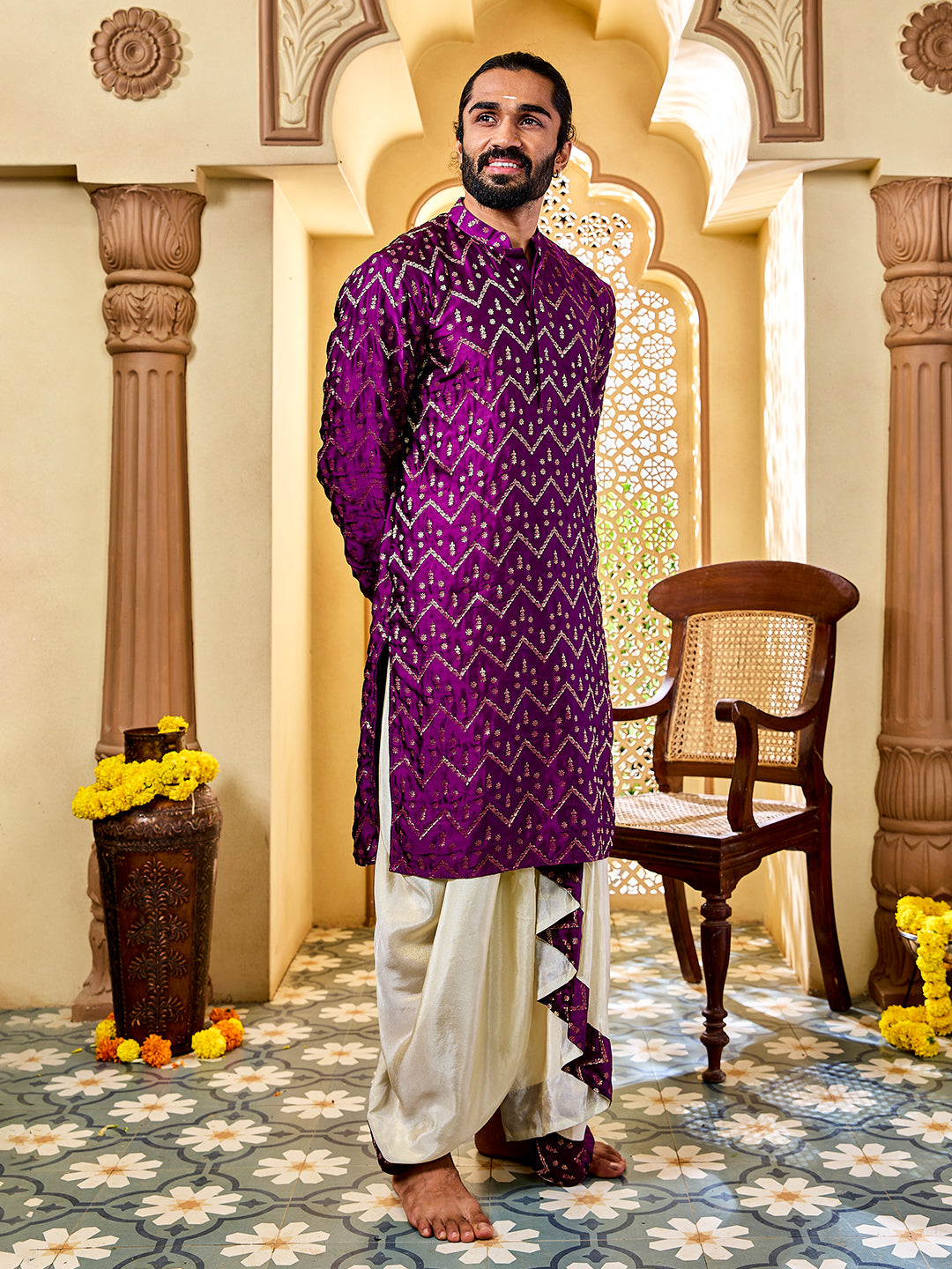 Men's Purple Silk Blend Kurta And Dhoti Set