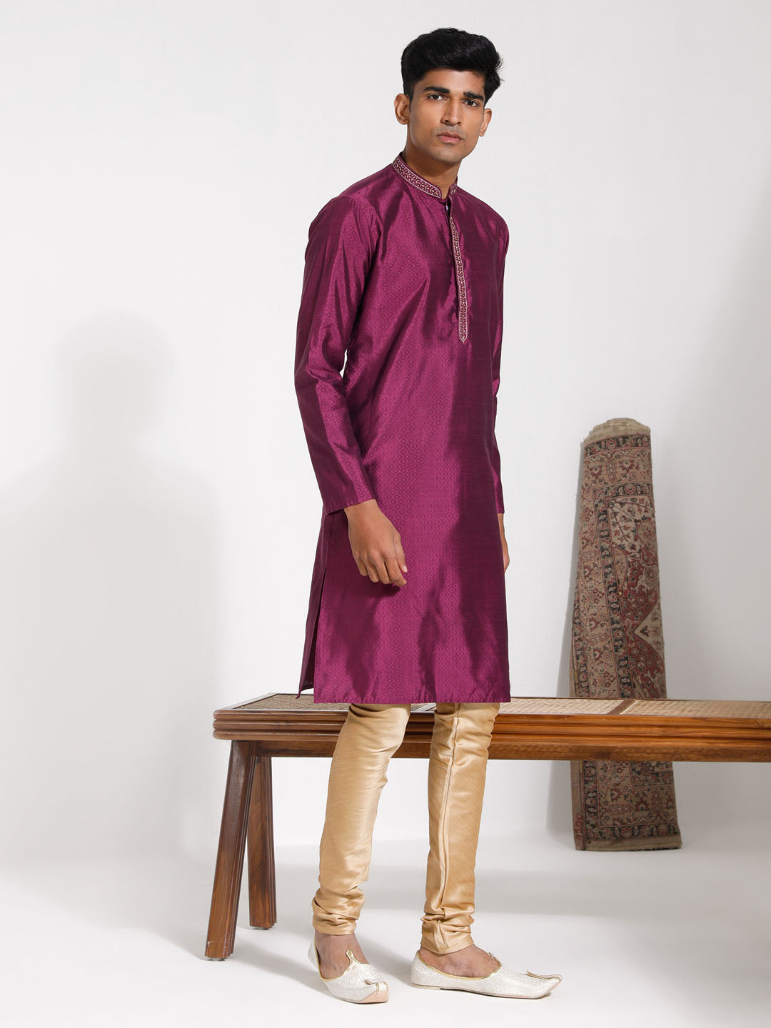 Men's Purple And Cream Silk Blend Kurta Pyjama Set