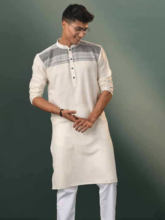 Men's Cream And Black Cotton Kurta