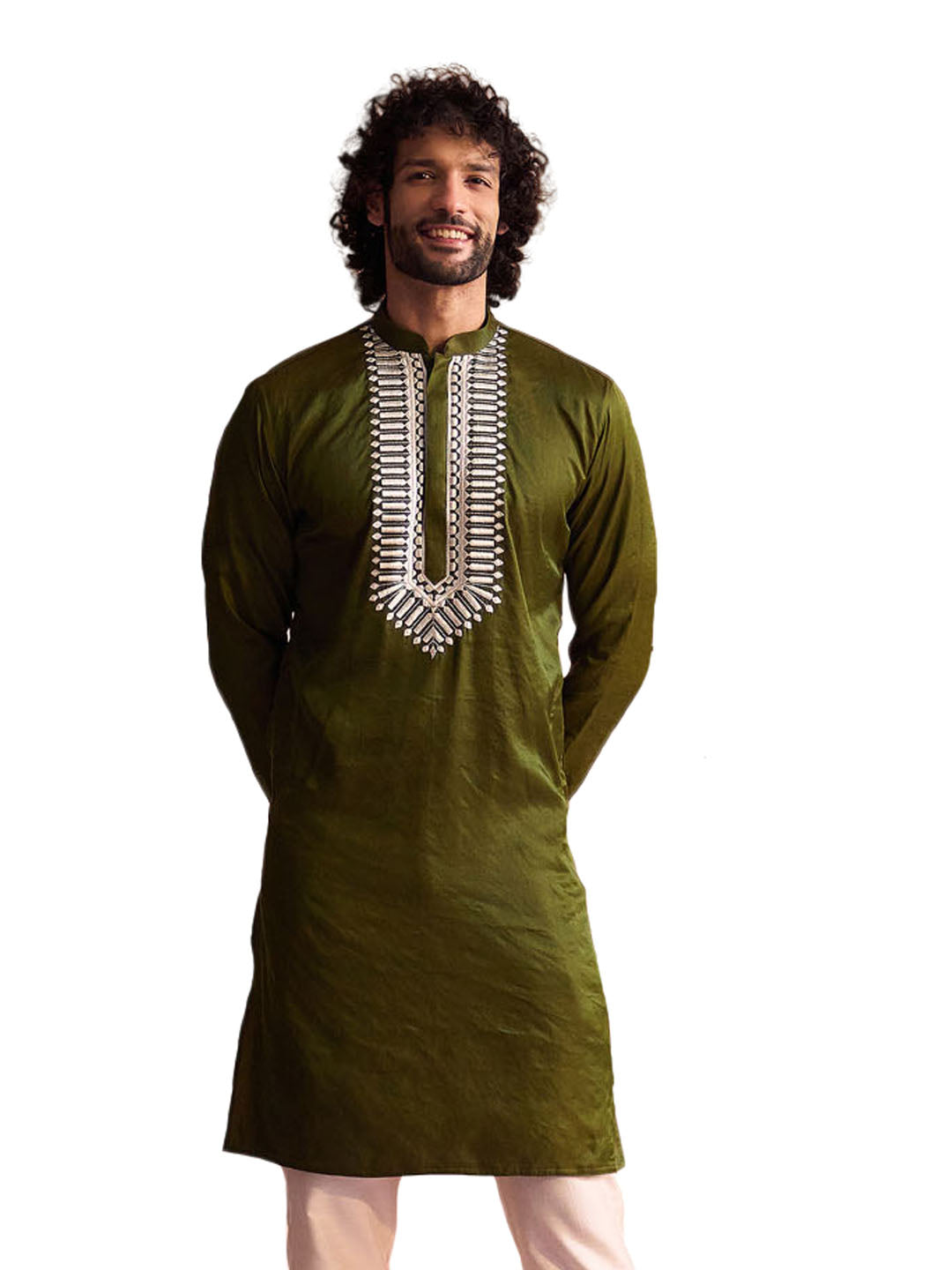 Men's Mehendi Green Moonga Silk Kurta