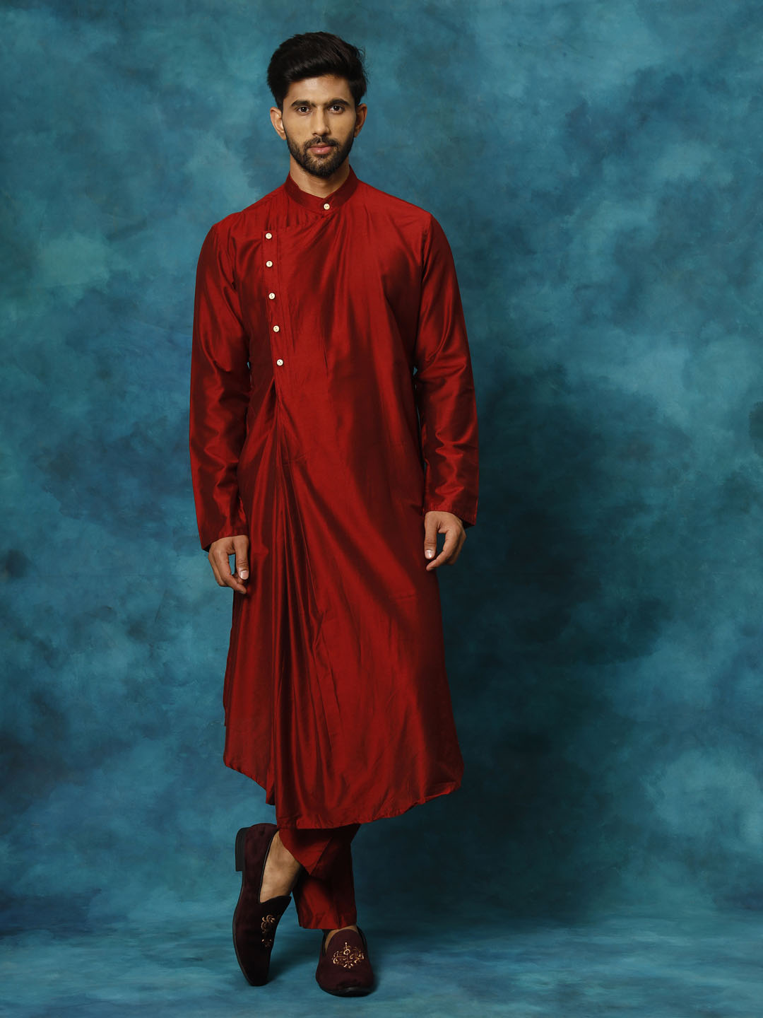 Men's Maroon Viscose Blend Kurta