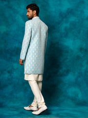 Men's Blue And Cream Viscose Sherwani Set