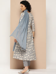 Women Grey Floral Printed Anarkali Kurta Paired With Printed  Bottom And Solid Chiffon Dupatta