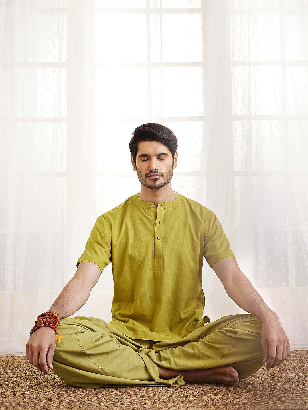 Men's Olive Green And Green Cotton Kurta And Dhoti Set