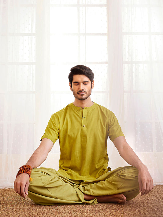 Men's Olive Green And Green Cotton Kurta And Dhoti Set