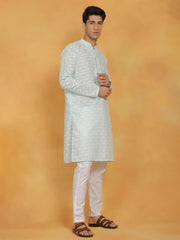 Men's Green And White Cotton Kurta And Pyjama Set