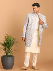 Men's Aqua And Cream Silk Blend Ethnic Combo Set