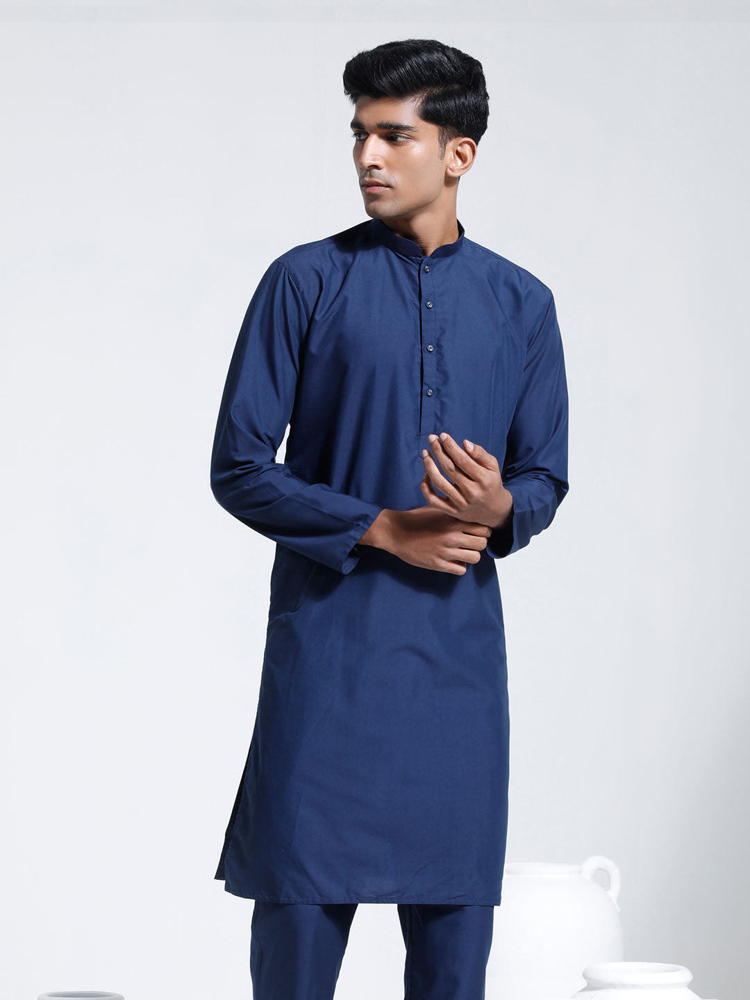 Men's Navy Blue Cotton Silk Kurta