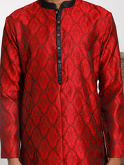 Men's Maroon And Black Silk Blend Kurta Pyjama Set