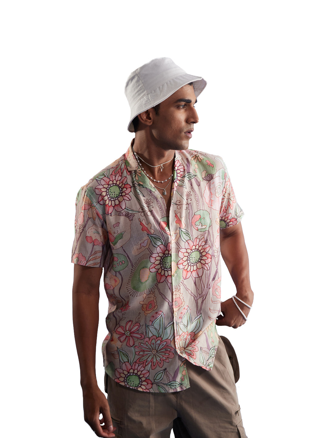 Men's Multi Color Base Pink Cotton Blend Ethnic Shirt