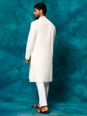 Men's Cream And White Cotton Blend Kurta Pyjama Set